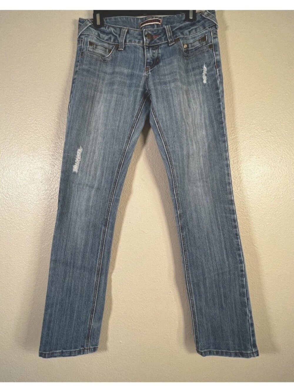 Younique Womens Jeans Blue Jr. 5 Bootcut Distressed Medium Wash Pockets Denim